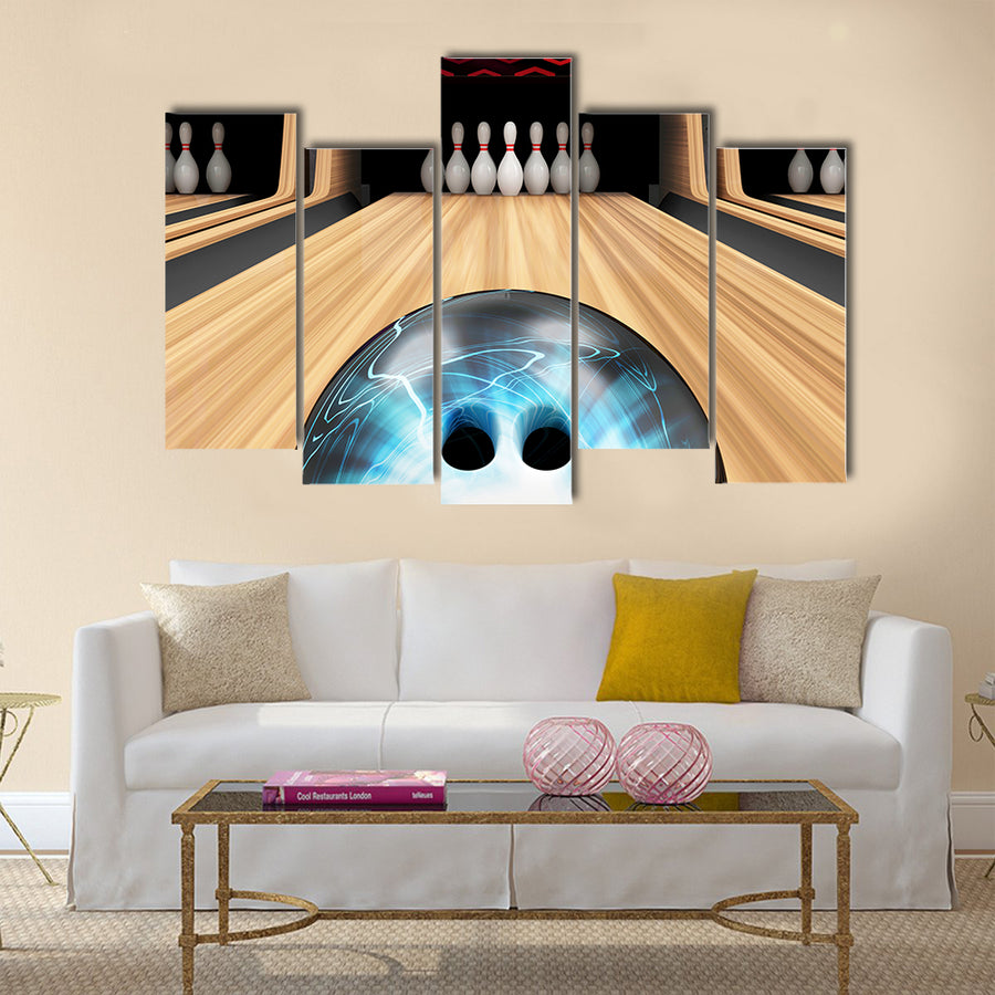 Bowling Ball is Rolling on Wooden Lane Multi panel canvas wall art