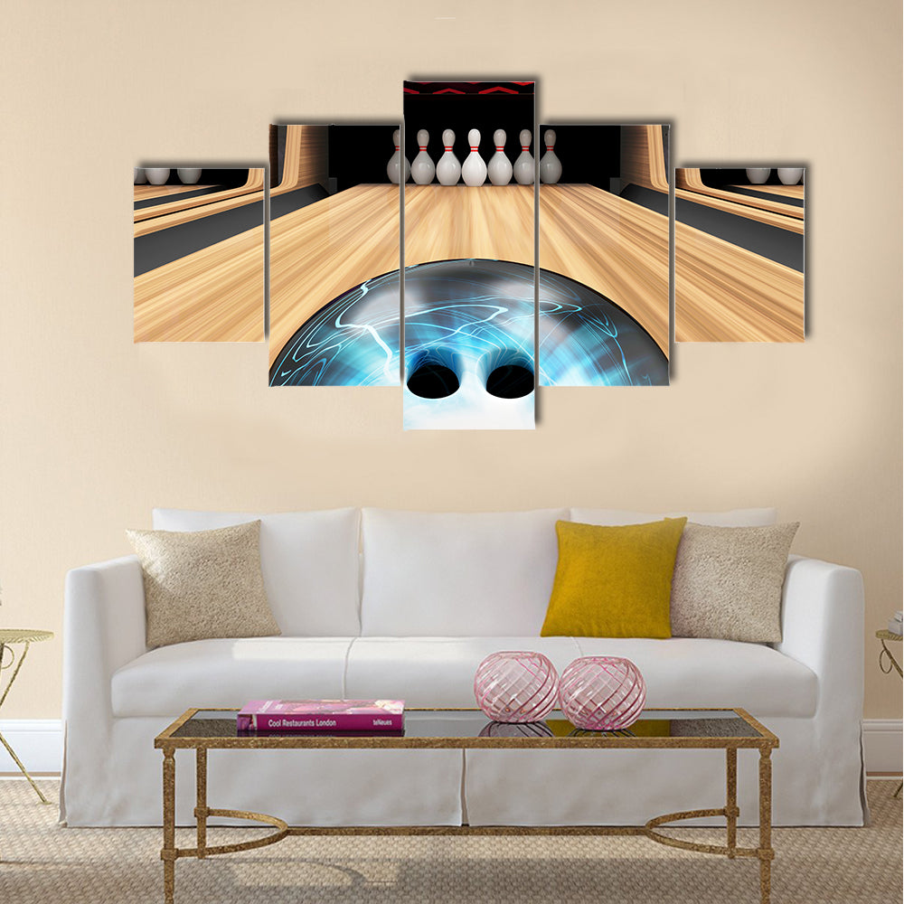 Bowling Ball is Rolling on Wooden Lane Multi panel canvas wall art
