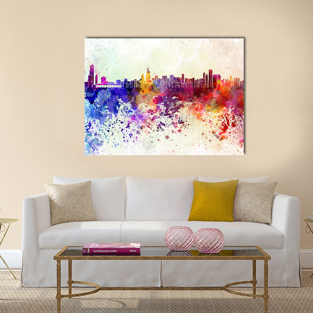 Chicago skyline in watercolor background Multi panel canvas wall art