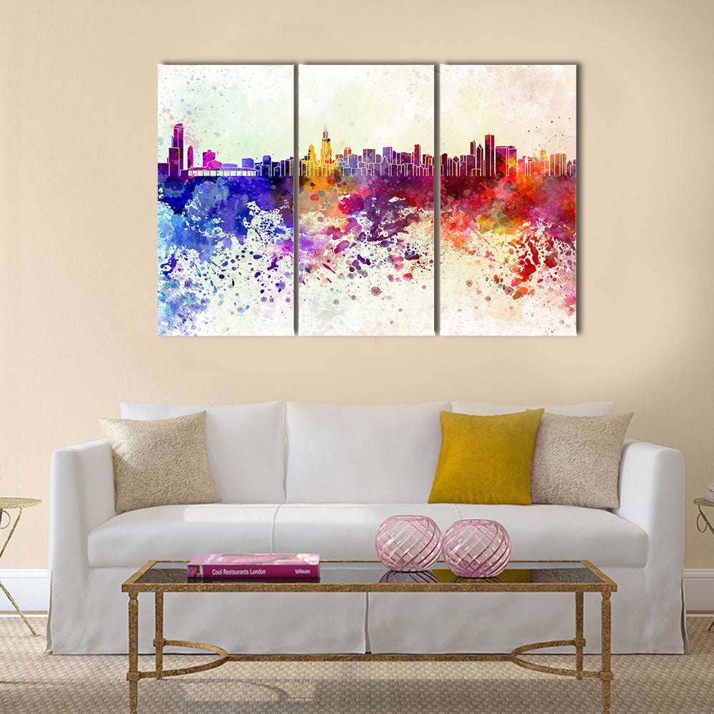 Chicago skyline in watercolor background Multi panel canvas wall art