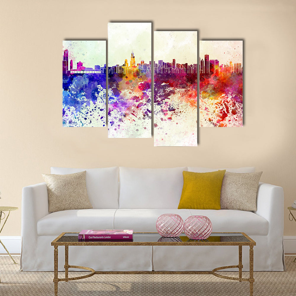 Chicago skyline in watercolor background Multi panel canvas wall art
