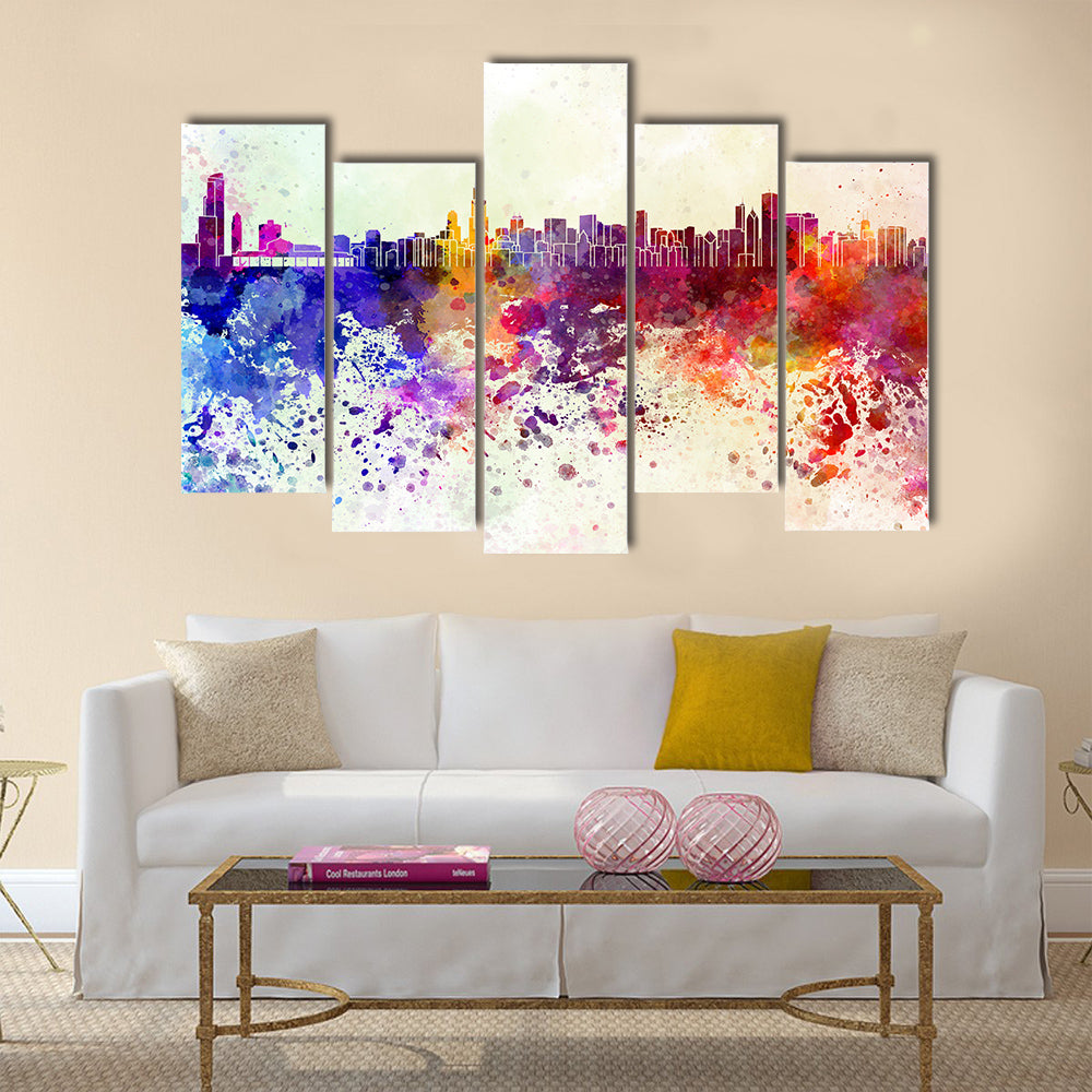 Chicago skyline in watercolor background Multi panel canvas wall art