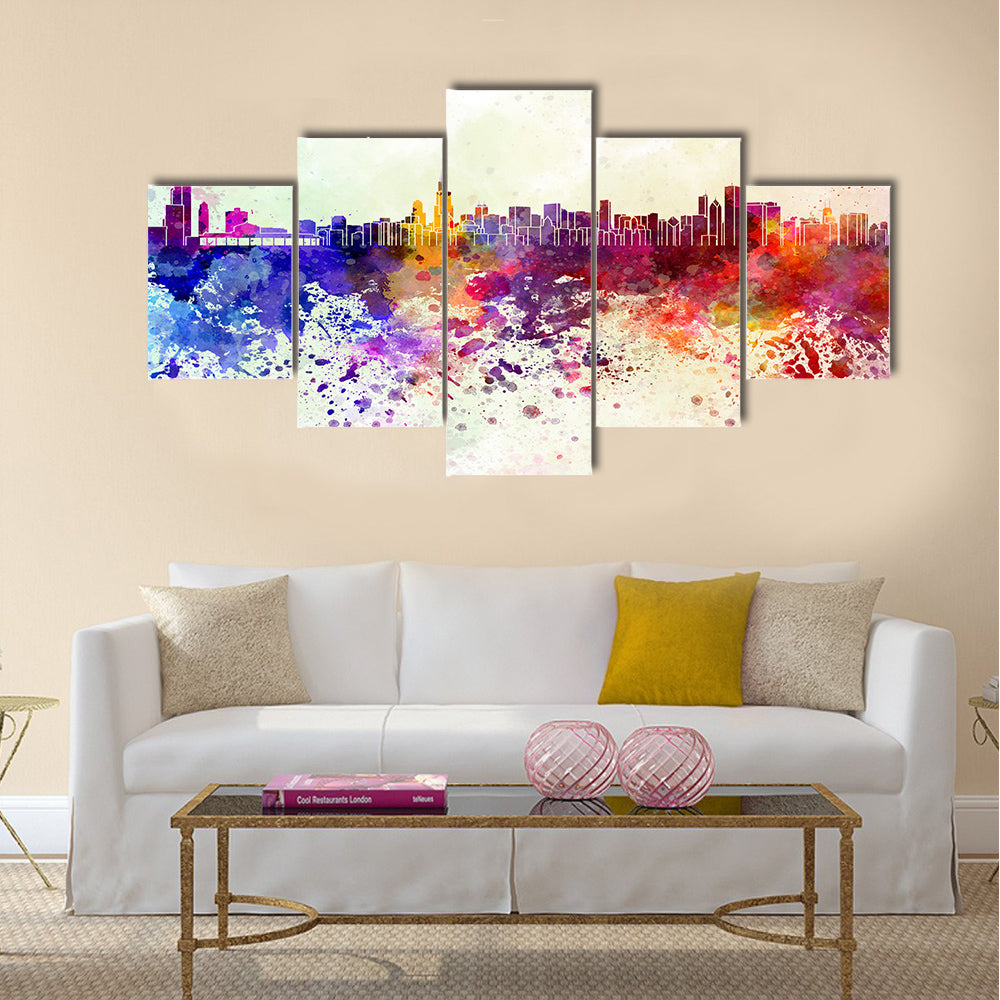 Chicago skyline in watercolor background Multi panel canvas wall art
