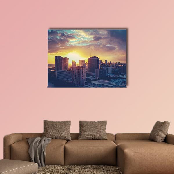 Vintage Retro Style Photo of the Honolulu, Hawaii Cityscape Multi panel canvas wall art