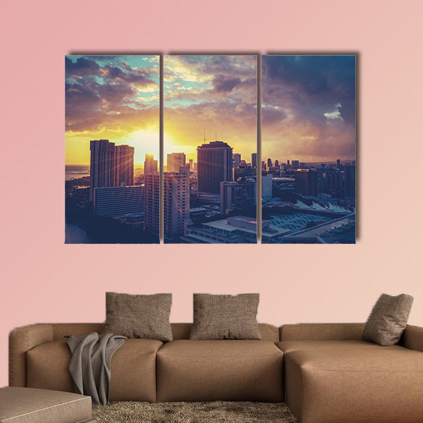 Vintage Retro Style Photo of the Honolulu, Hawaii Cityscape Multi panel canvas wall art