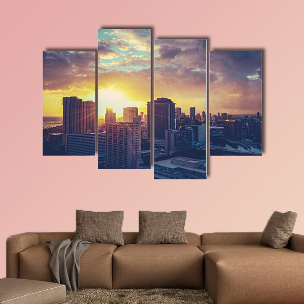 Vintage Retro Style Photo of the Honolulu, Hawaii Cityscape Multi panel canvas wall art