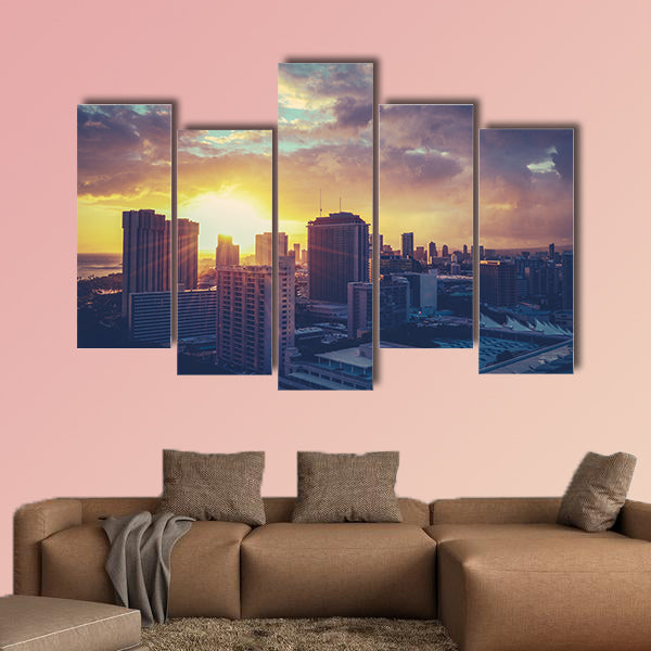 Vintage Retro Style Photo of the Honolulu, Hawaii Cityscape Multi panel canvas wall art
