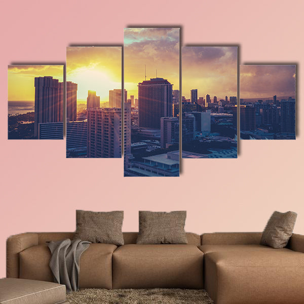Vintage Retro Style Photo of the Honolulu, Hawaii Cityscape Multi panel canvas wall art