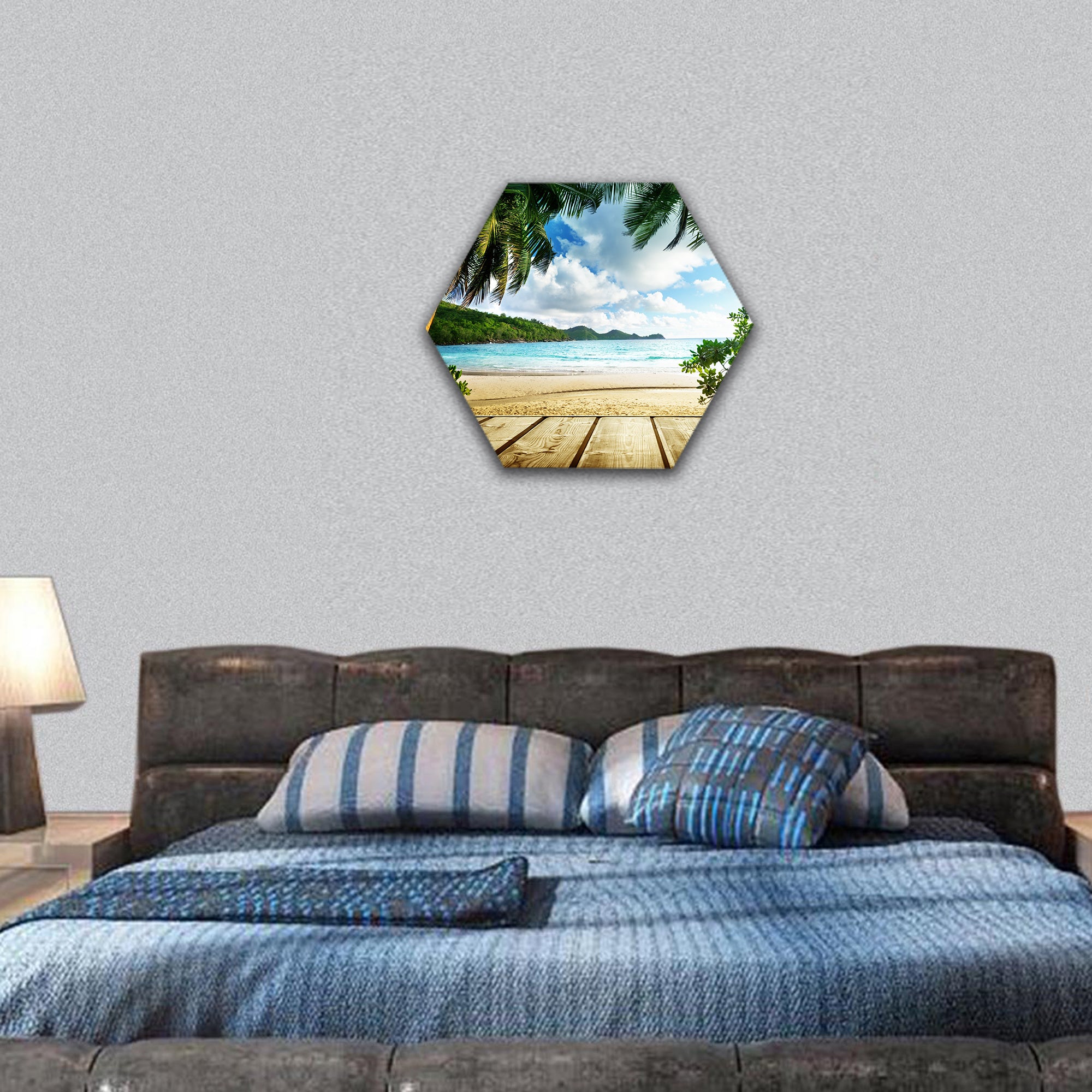 seychelles beach and wooden pier hexagonal canvas wall art