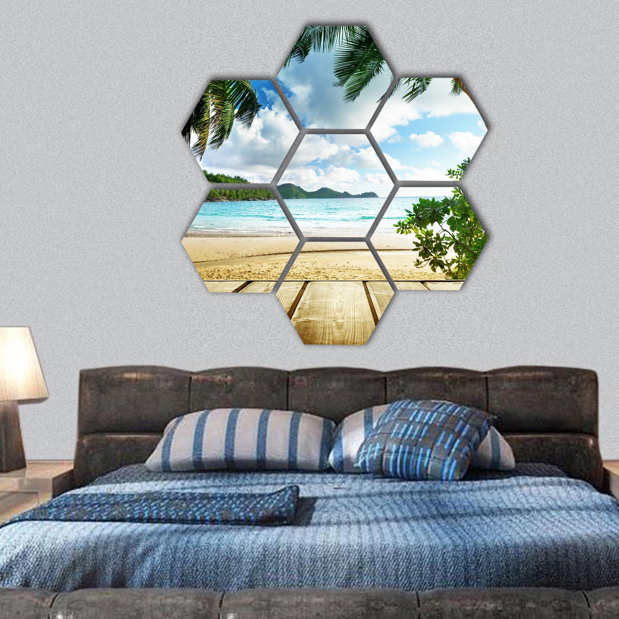 seychelles beach and wooden pier hexagonal canvas wall art