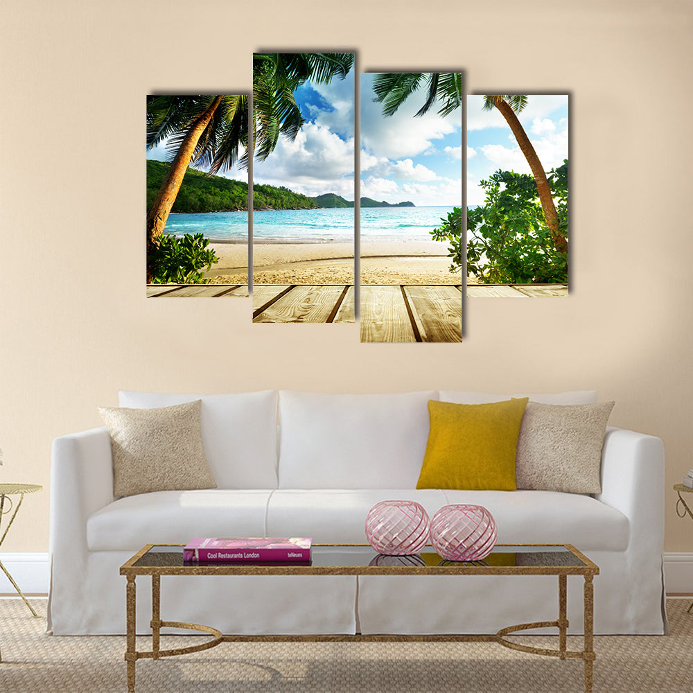 Seychelles beach and wooden pier Multi panel canvas wall art