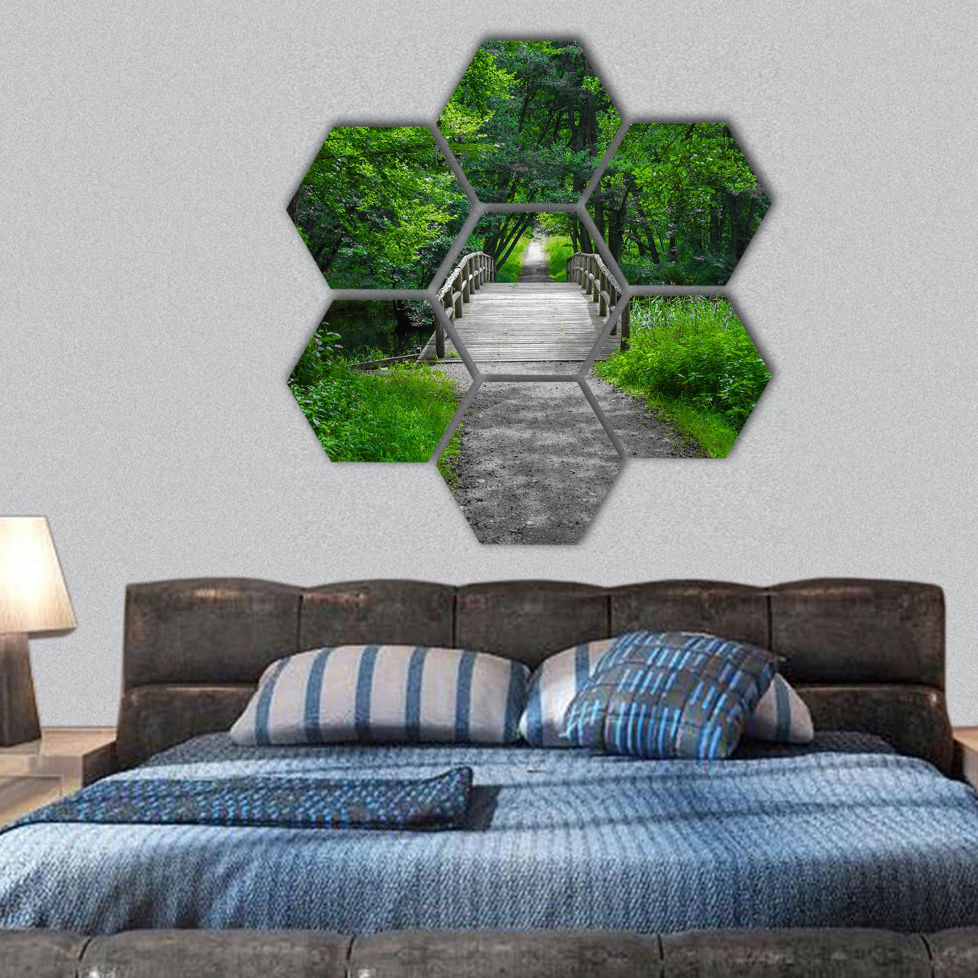 Old charming  wooden bridge over a creek in forest hexagonal canvas wall art