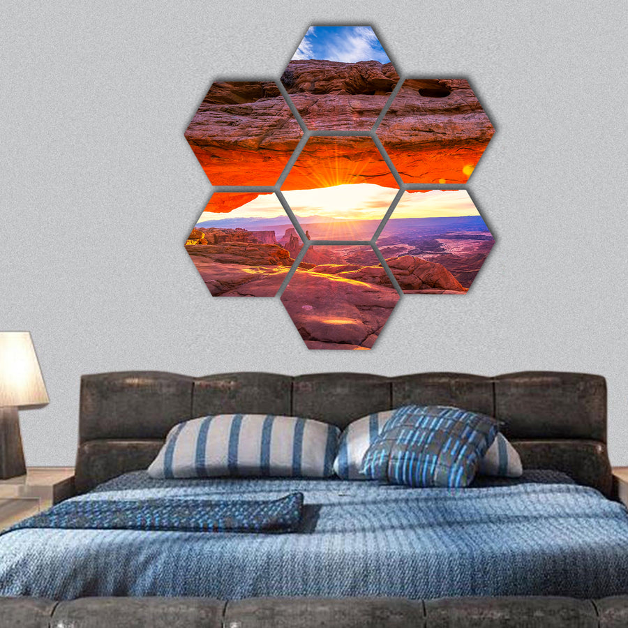 Sunrise at iconic Mesa Arch in Canyonlands hexagonal canvas wall art