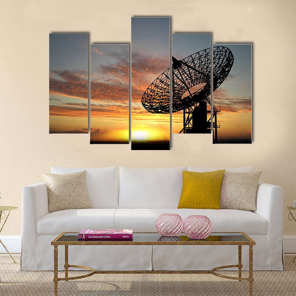 Three satellite dishes over sunset Multi panel canvas wall art