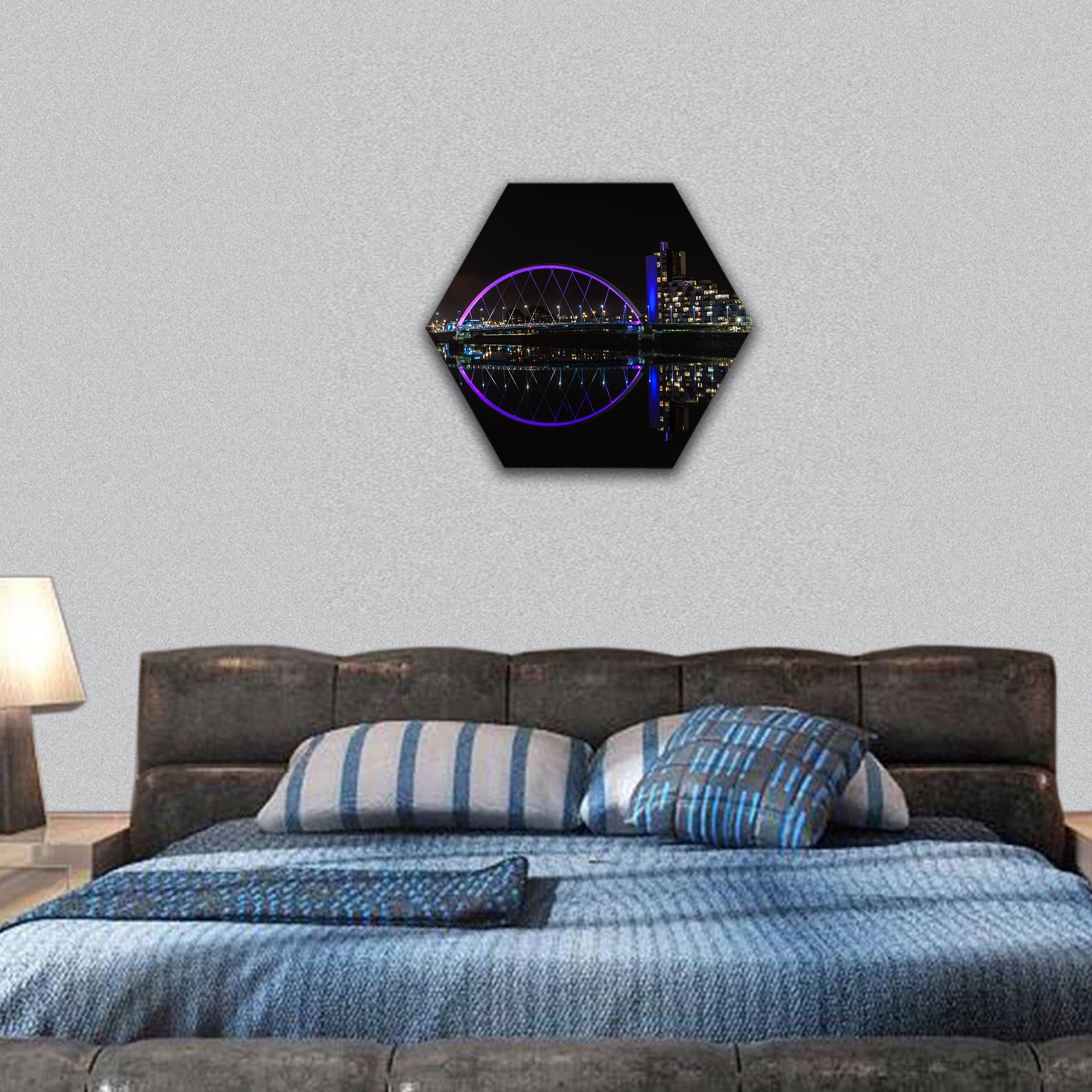 Clyde Arc bridge over the River Clyde in Glasgow at night hexagonal canvas wall art