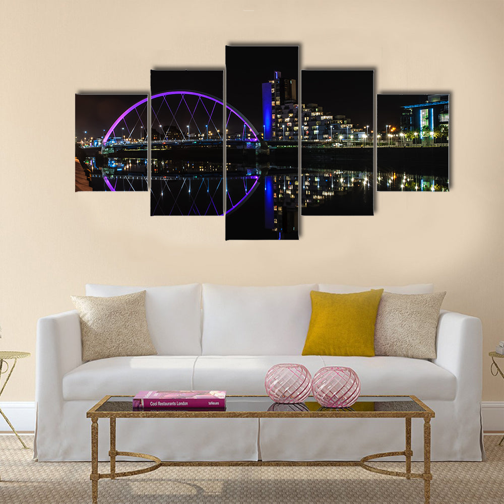 Clyde Arc bridge over the River Clyde in Glasgow at night, Multi Panel Canvas Wall Art