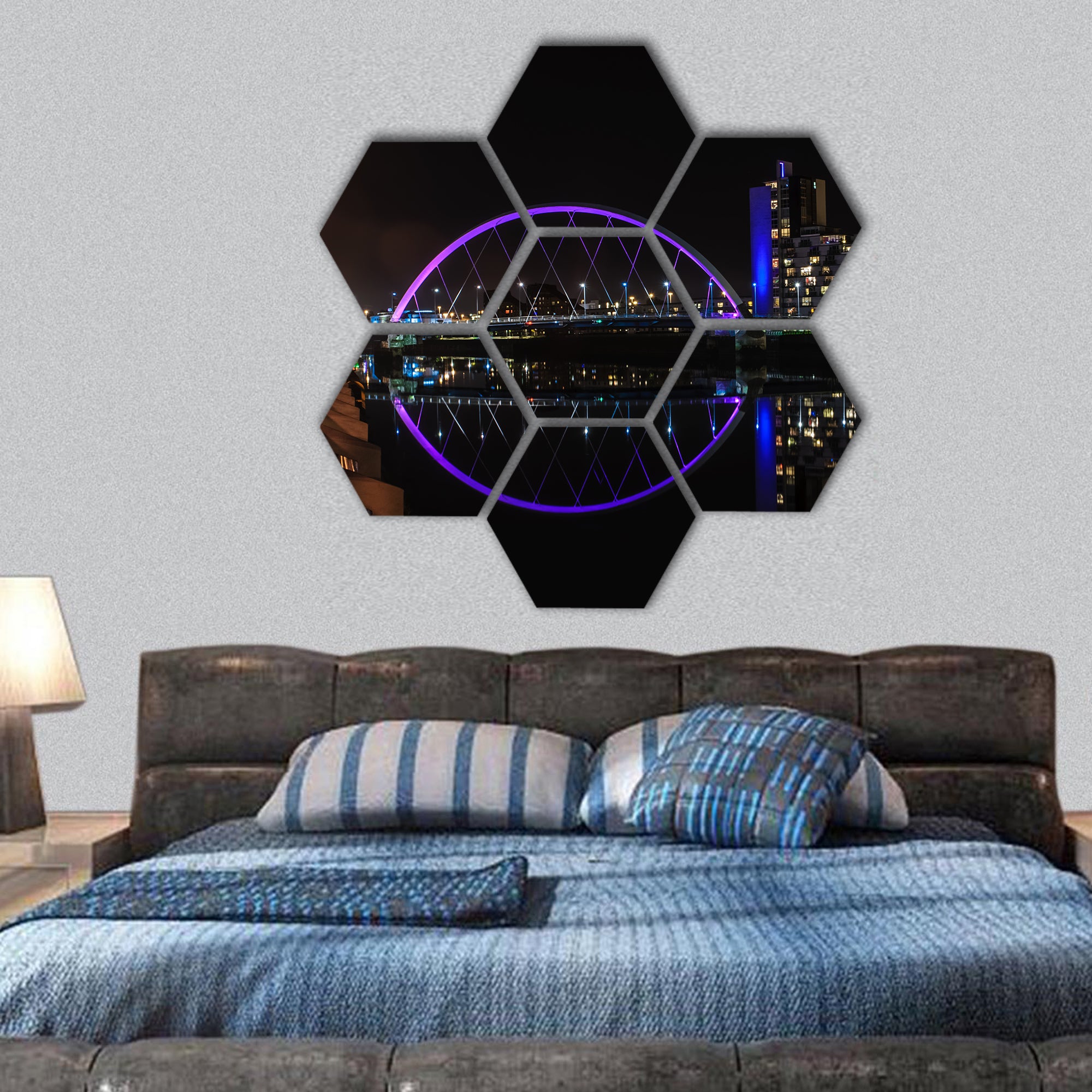 Clyde Arc bridge over the River Clyde in Glasgow at night hexagonal canvas wall art