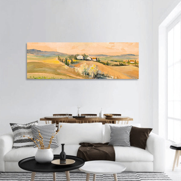 Country landscape with Tuscan hills Watercolors painting panoramic canvas wall art