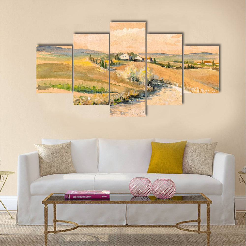 Country landscape with typical Tuscan hills Multi Panel Canvas Wall Art