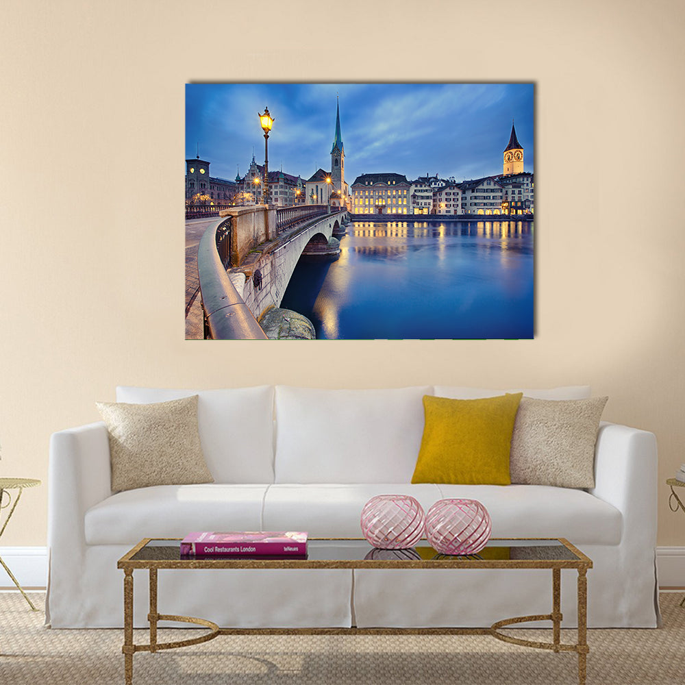 View on Fraumunster Church and Church of St Peter multi panel canvas wall art