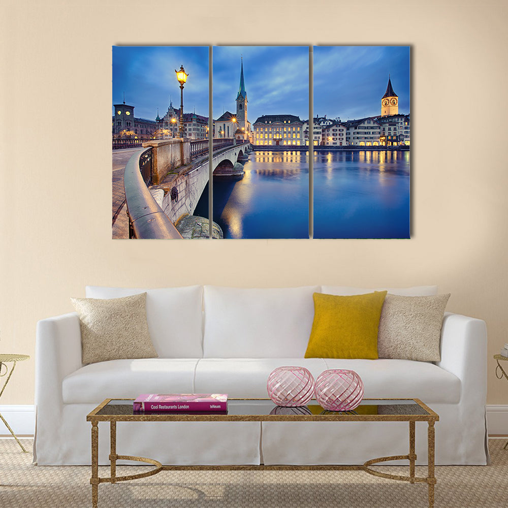 View on Fraumunster Church and Church of St Peter multi panel canvas wall art