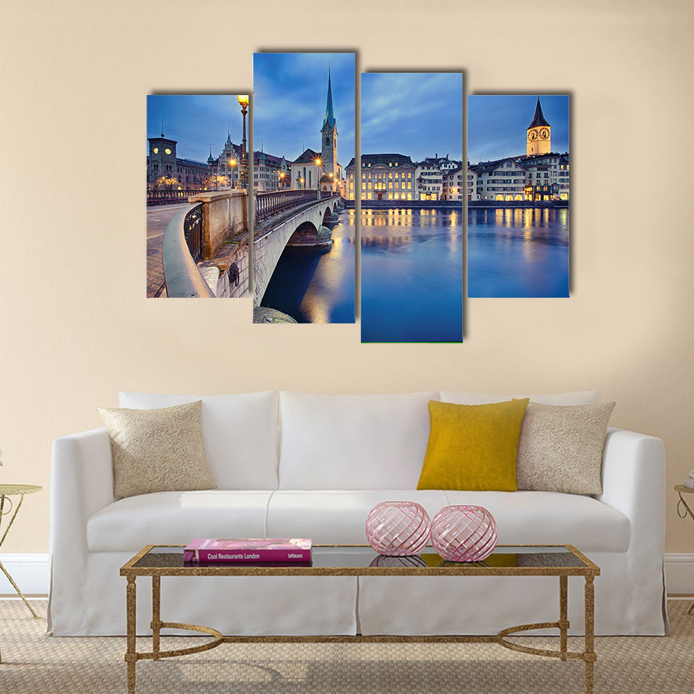 View on Fraumunster Church and Church of St Peter multi panel canvas wall art