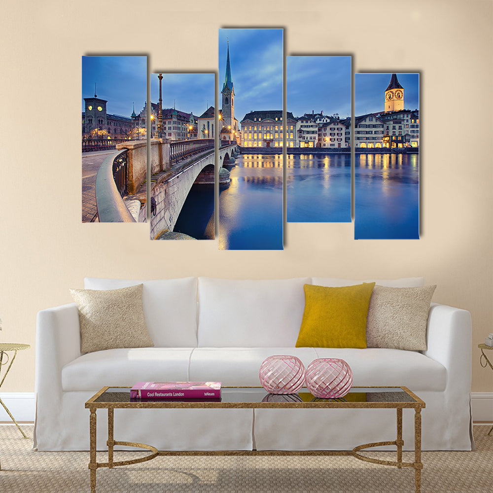 View on Fraumunster Church and Church of St Peter multi panel canvas wall art