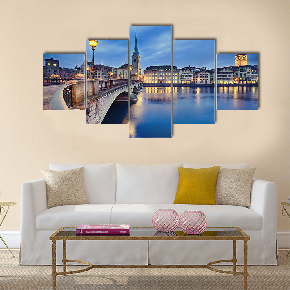 View on Fraumunster Church and Church of St Peter multi panel canvas wall art