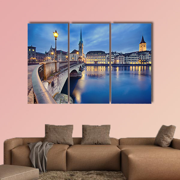 View on Fraumunster Church and Church of St Peter at night wall art