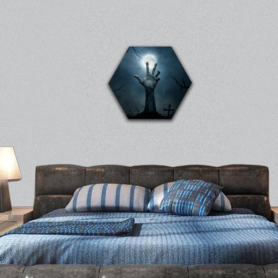 Halloween concept, zombie hand rising hexagonal canvas wall art