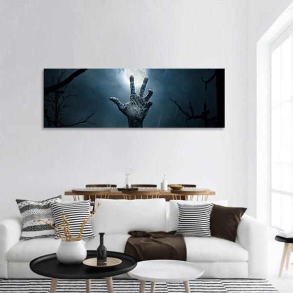 Halloween concept, zombie hand rising out from the soil panoramic canvas wall art