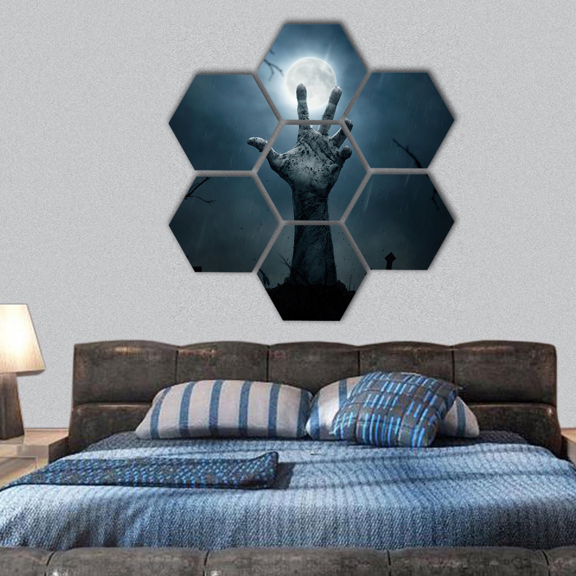 Halloween concept, zombie hand rising hexagonal canvas wall art