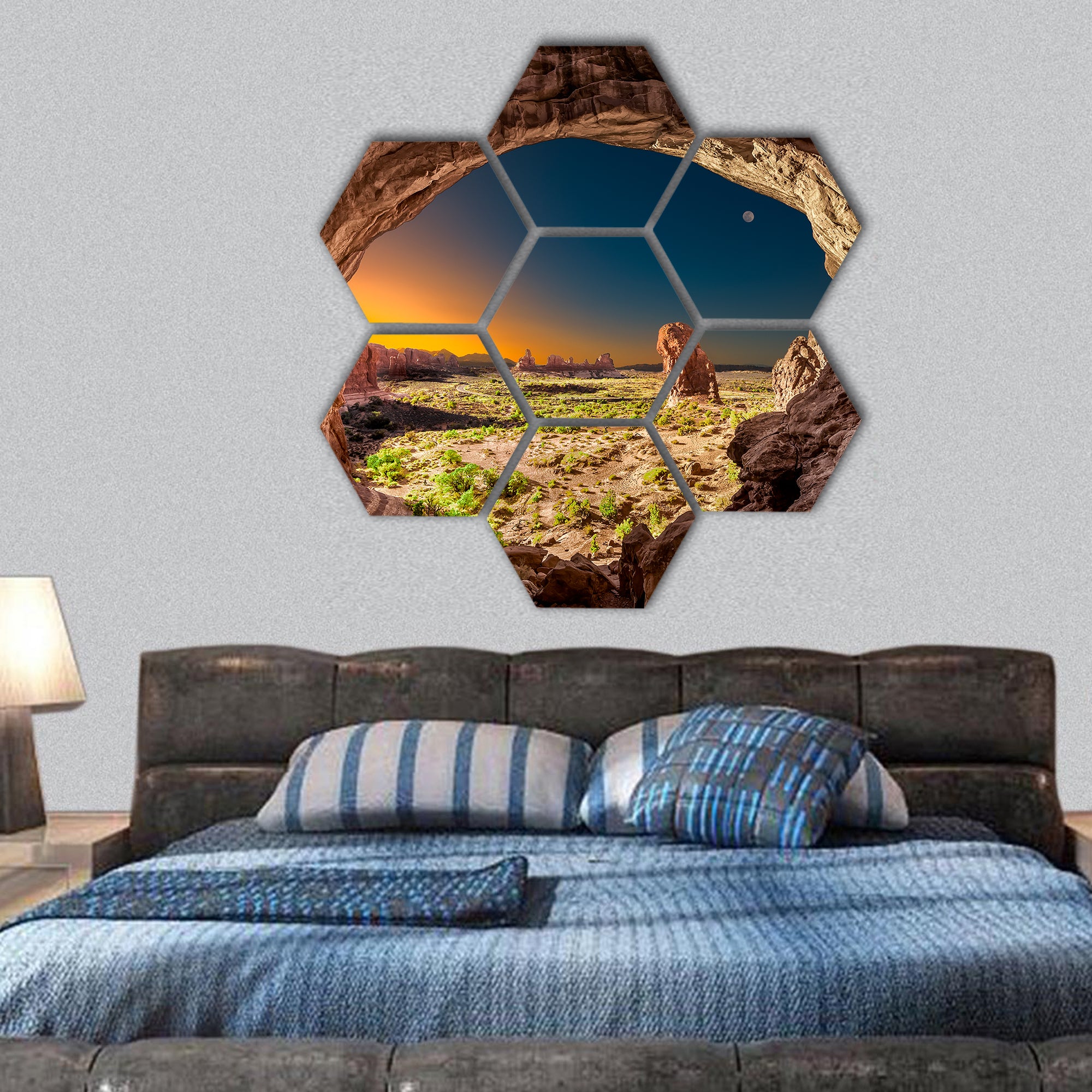 Arches rock formation in Arches National Park, Utah hexagonal canvas wall art