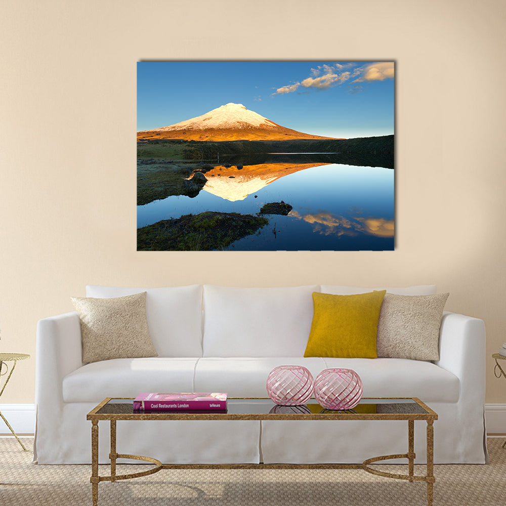 Cotopaxi volcano reflecting in Santo Domingo lagoon Multi Panel Canvas Wall Art