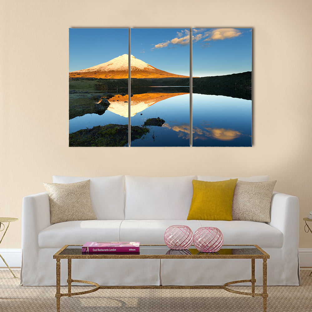 Cotopaxi volcano reflecting in Santo Domingo lagoon Multi Panel Canvas Wall Art
