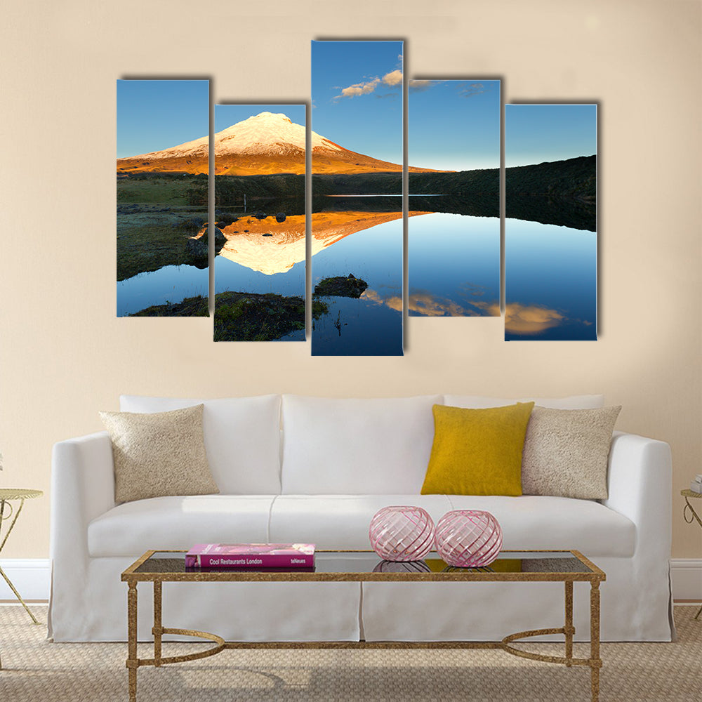 Cotopaxi volcano reflecting in Santo Domingo lagoon Multi Panel Canvas Wall Art