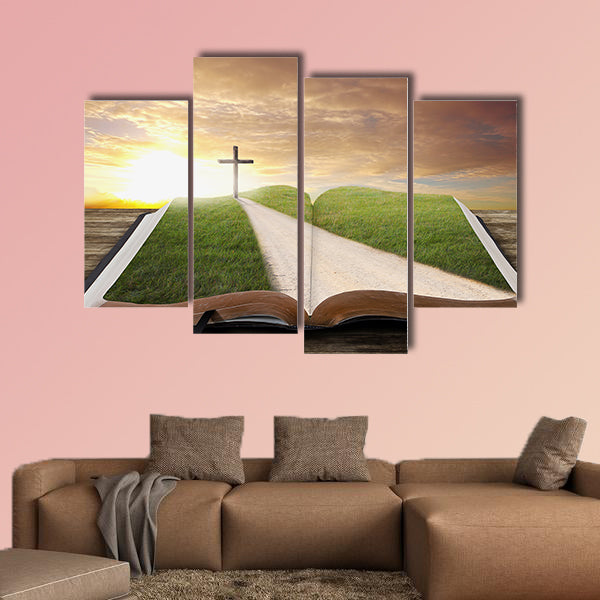 An open Bible with a road and grassy field leading to a cross multi panel canvas wall art
