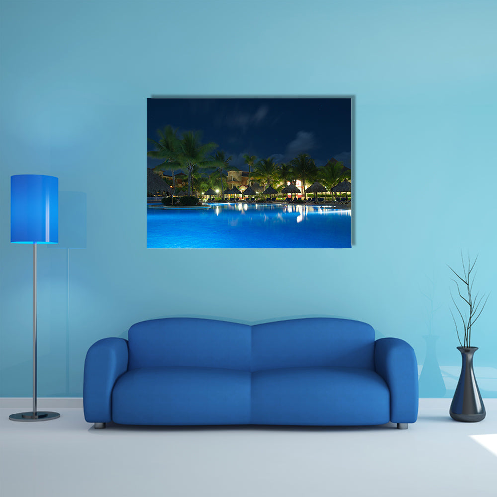 A most beautiful view of  Swimming pool in night illumination Multi Panel canvas wall art