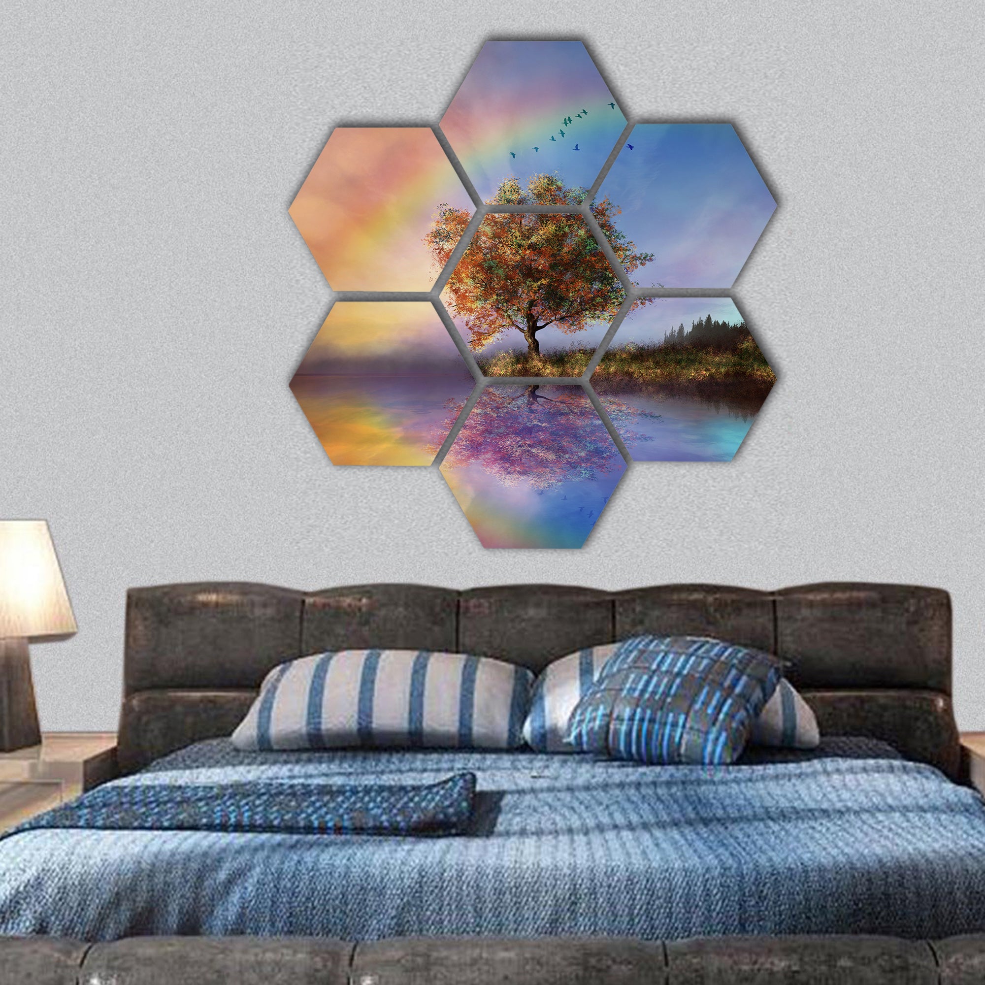 manipulated landscape with a flowered tree and rainbow hexagonal canvas wall art