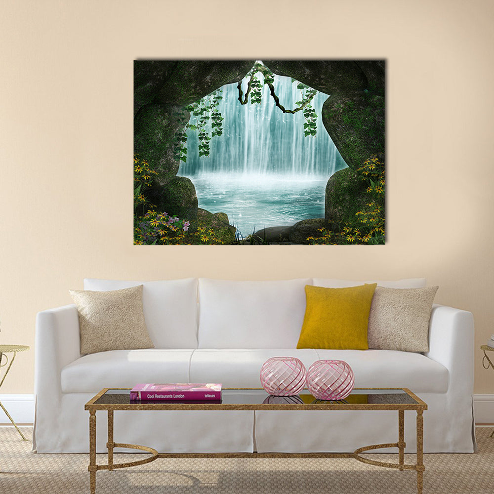 Fantastic cave and waterfall in the background Multi Panel Canvas Wall Art