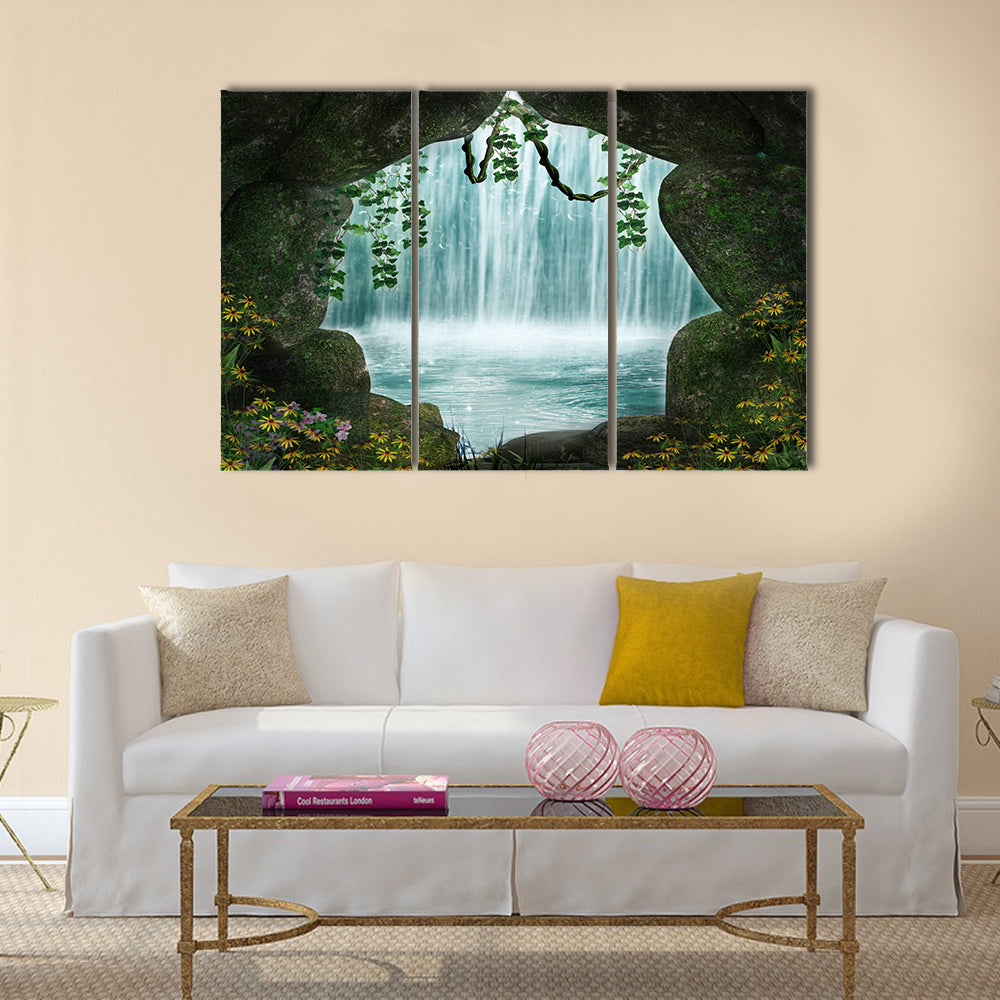 Fantastic cave and waterfall in the background Multi Panel Canvas Wall Art