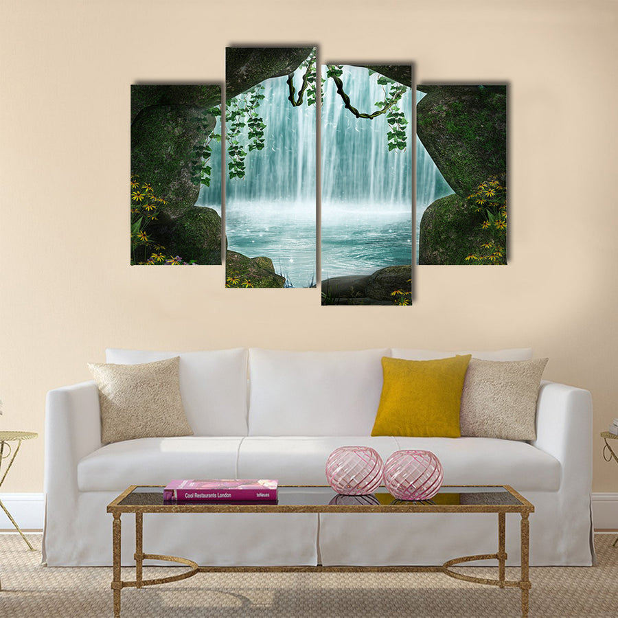 Fantastic cave and waterfall in the background Multi Panel Canvas Wall Art