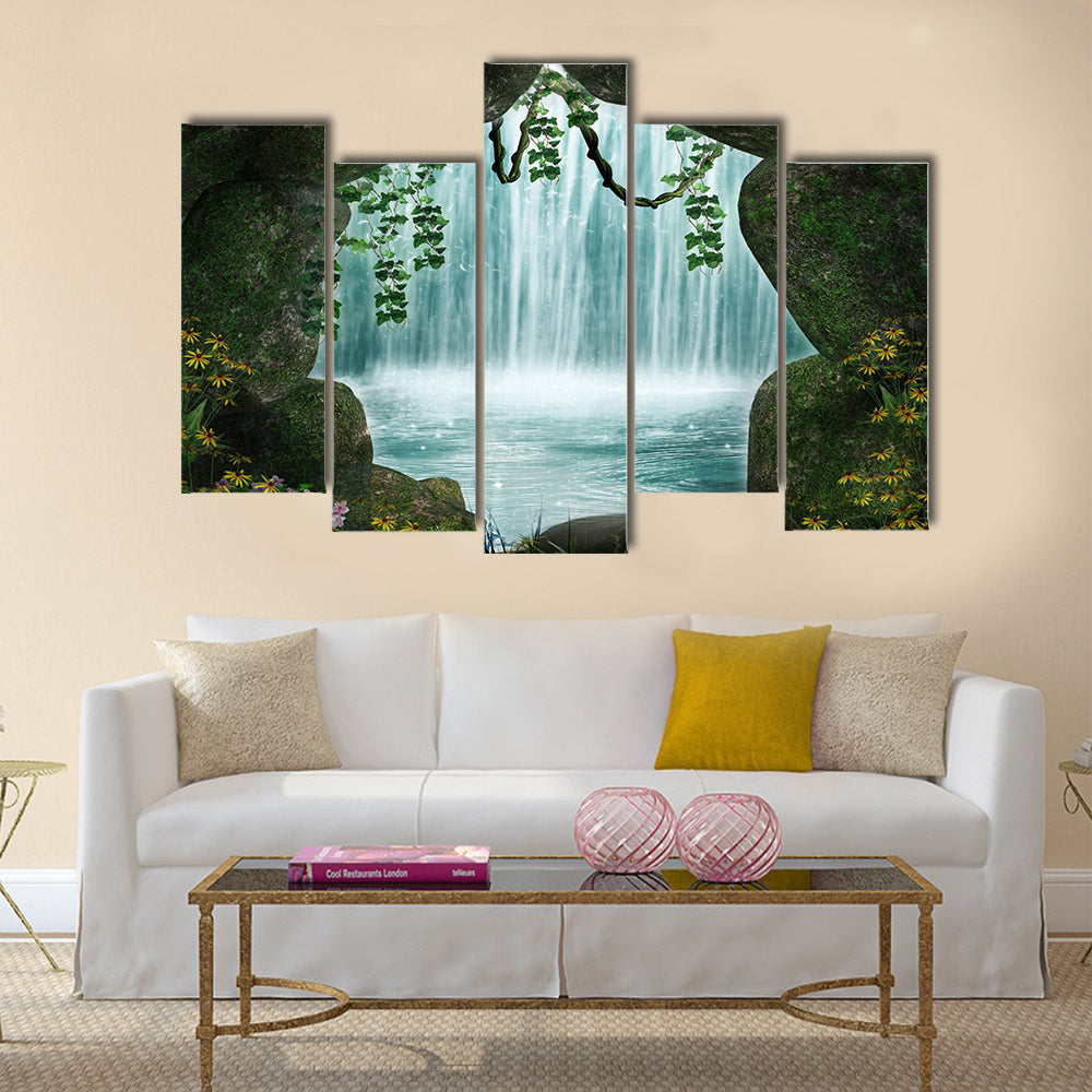 Fantastic cave and waterfall in the background Multi Panel Canvas Wall Art