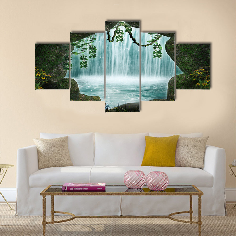 Fantastic cave and waterfall in the background Multi Panel Canvas Wall Art