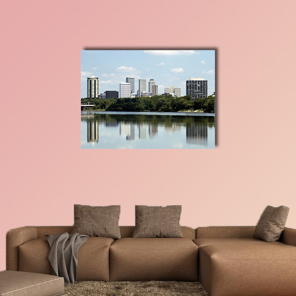 Skyline view of the city of Tulsa, reflected in the Arkansas River multi panel canvas wall art