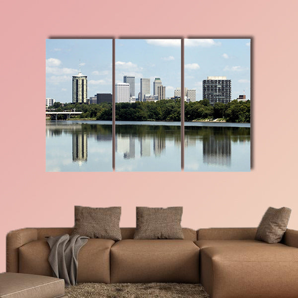 Skyline view of the city of Tulsa, reflected in the Arkansas River multi panel canvas wall art