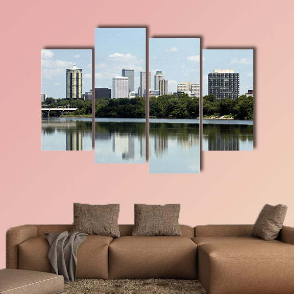 Skyline view of the city of Tulsa, reflected in the Arkansas River multi panel canvas wall art