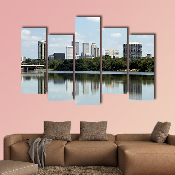 Skyline view of the city of Tulsa, reflected in the Arkansas River multi panel canvas wall art