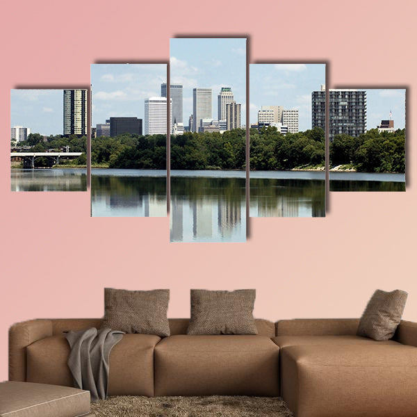 Skyline view of the city of Tulsa, reflected in the Arkansas River multi panel canvas wall art
