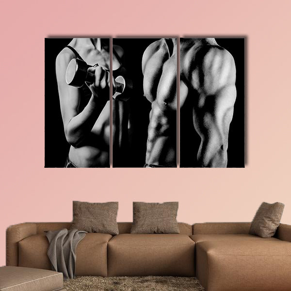 Bodybuilding strong man and a woman posing on a black background Multi panel canvas wall art
